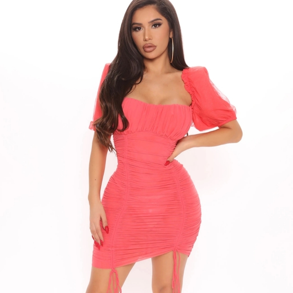 Coral Ruched Mini Dress